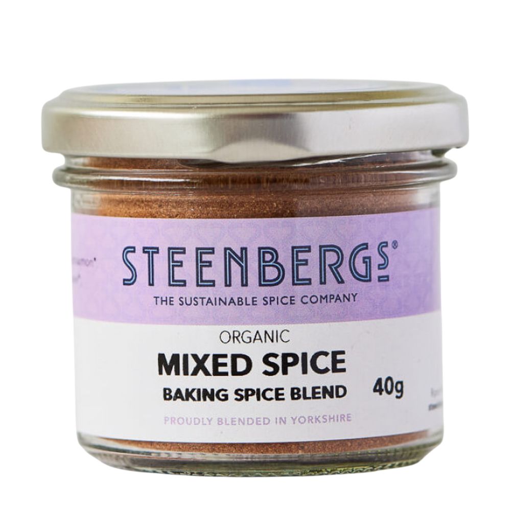Steenbergs organic mixed spice baking spice blend jar on a white background