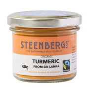 Jar of Steenbergs organic turmeric from Sri Lanka on a white background