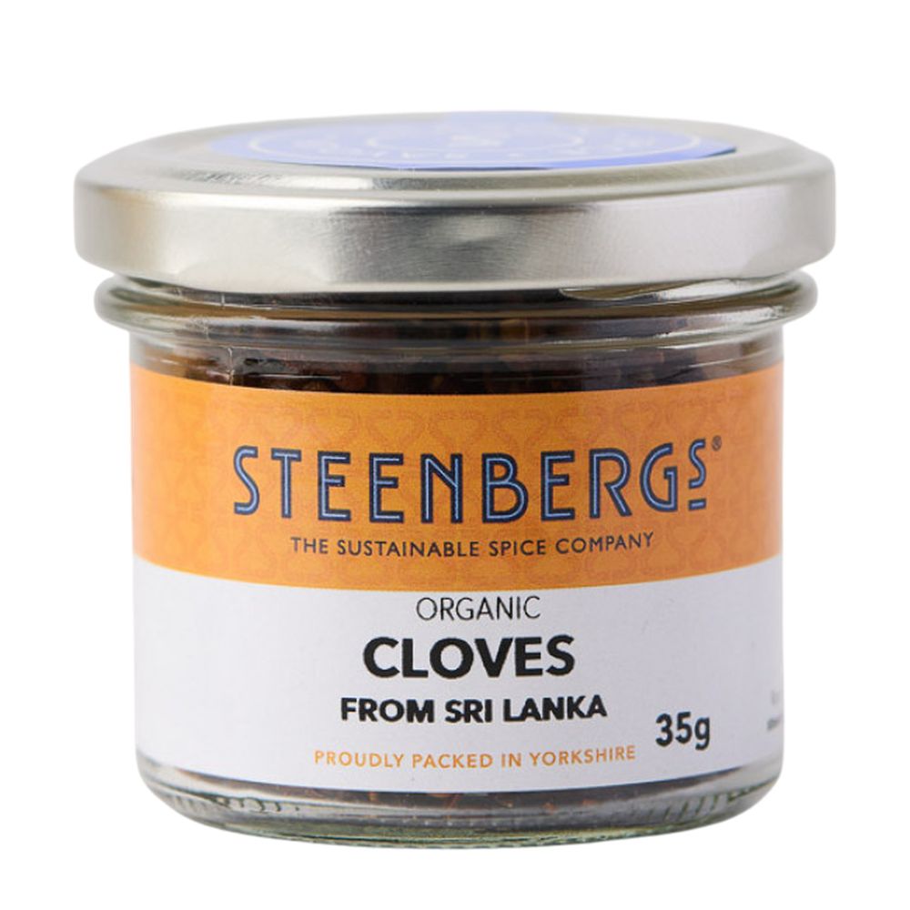 Jar of Steenbergs organic cloves from Sri Lanka on a white background