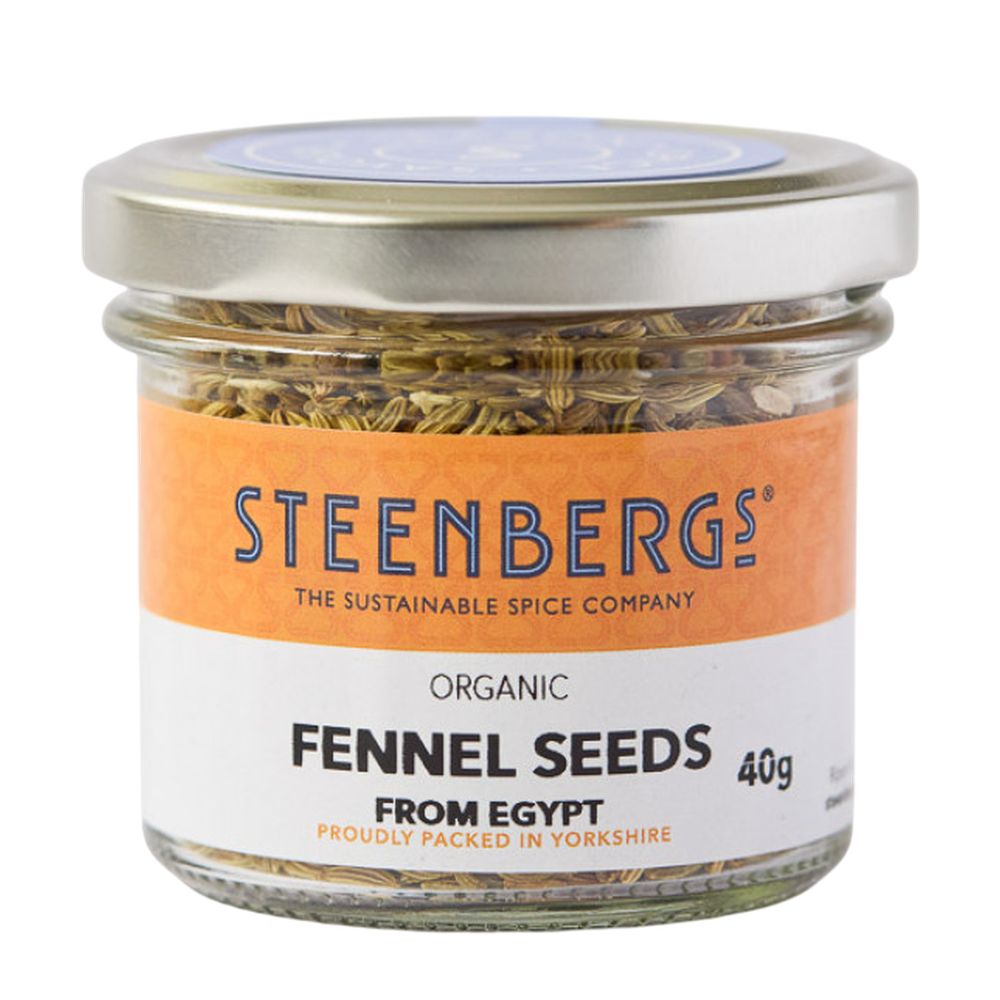 Jar of Steenbergs organic fennel seeds on a white background