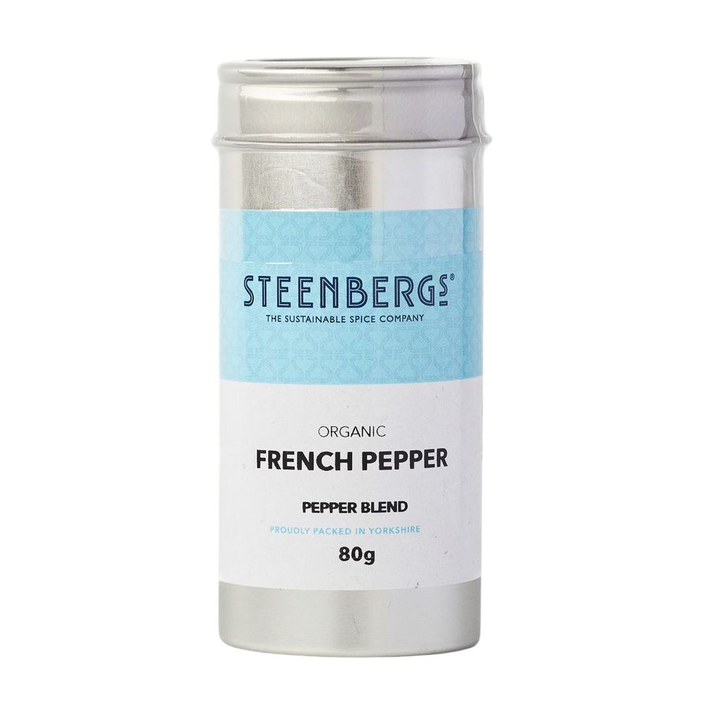 Steenbergs organic French pepper blend container on a white background