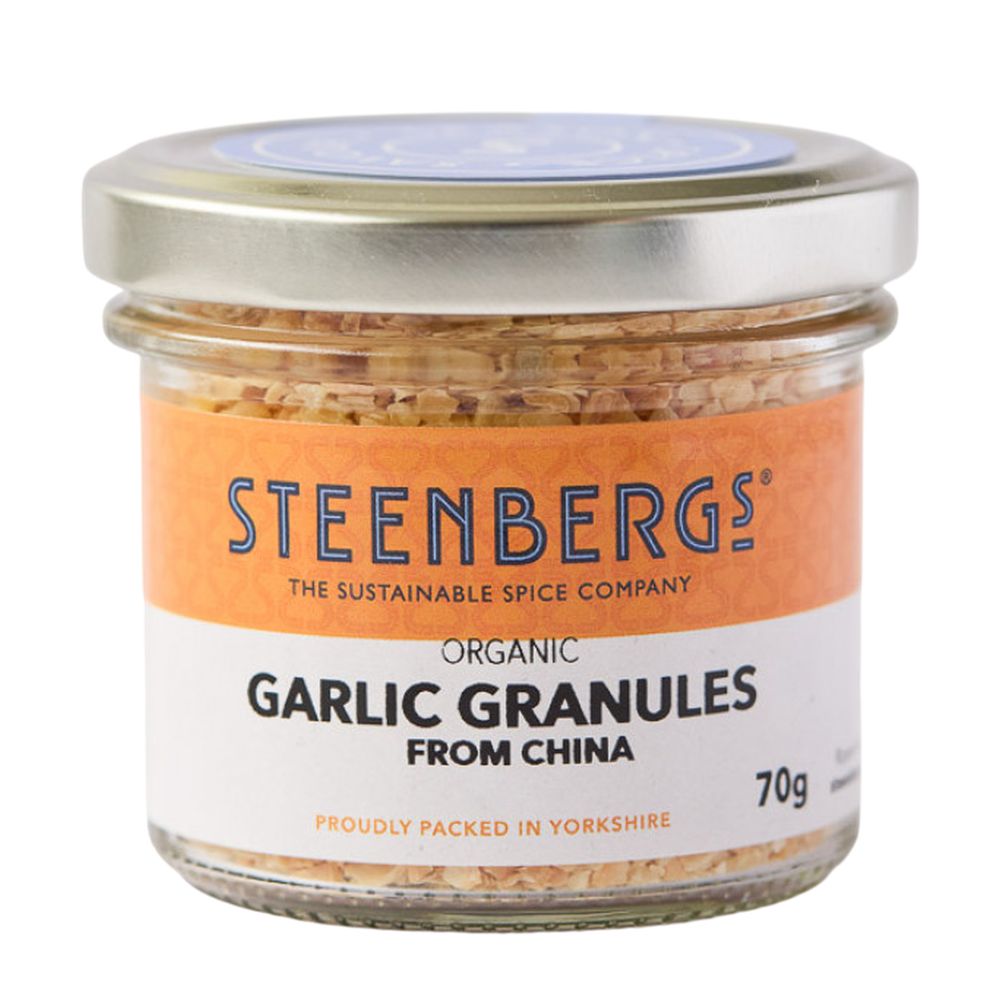 Jar of Steenbergs organic garlic granules on a white background