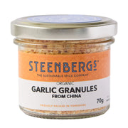Jar of Steenbergs organic garlic granules on a white background