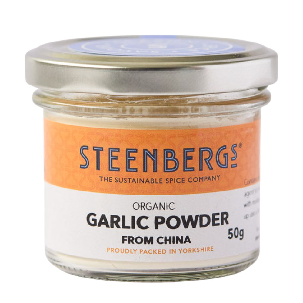 Jar of Steenbergs organic garlic powder on a white background