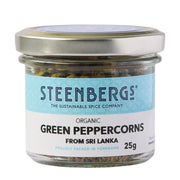 Jar of Steenbergs organic green peppercorns on a white background