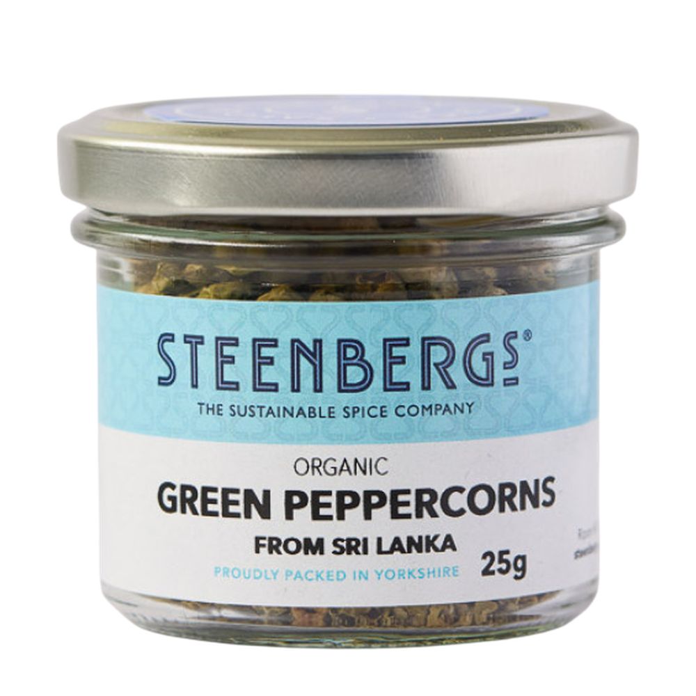 Jar of Steenbergs organic green peppercorns on a white background
