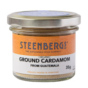 Jar of Steenbergs organic ground cardamom from Guatemala on a white background