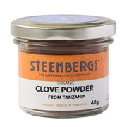 Steenbergs organic clove powder jar on a white background