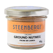Steenbergs organic ground nutmeg jar on a white background