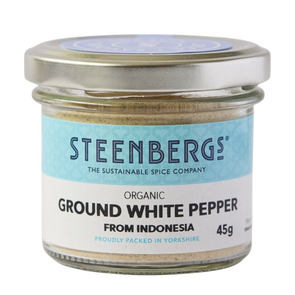 Steenbergs organic ground white pepper jar on a white background