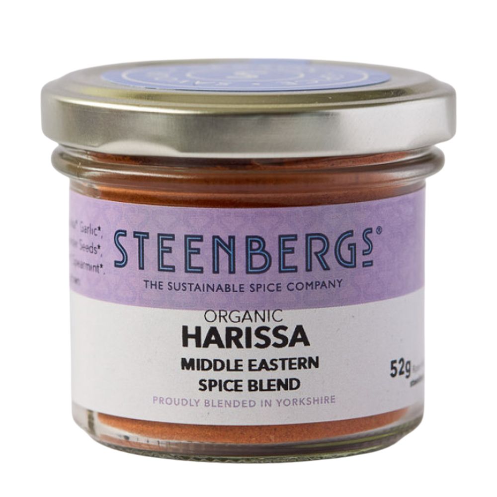Steenbergs Organic Harissa spice blend jar on a white background