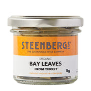 Jar of Steenbergs organic bay leaves with an orange label on a white background