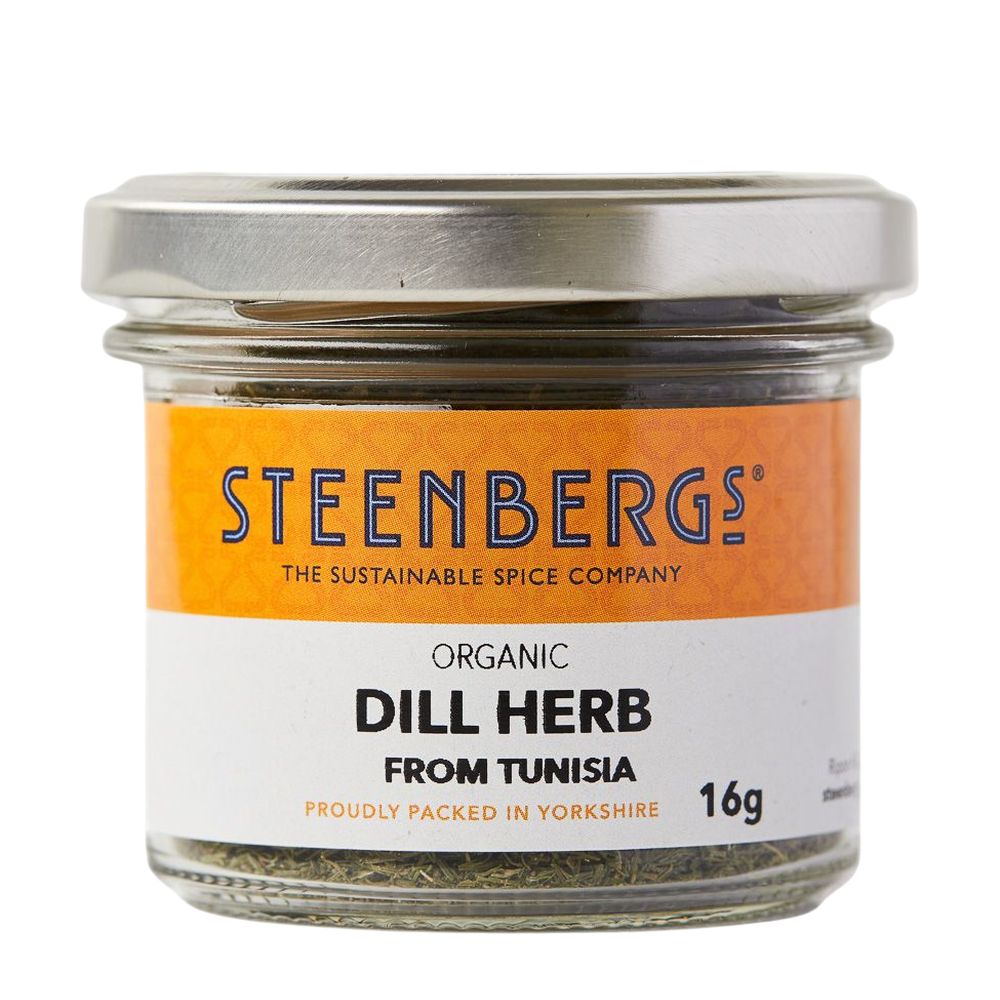 Steenbergs organic dill herb jar on a white background
