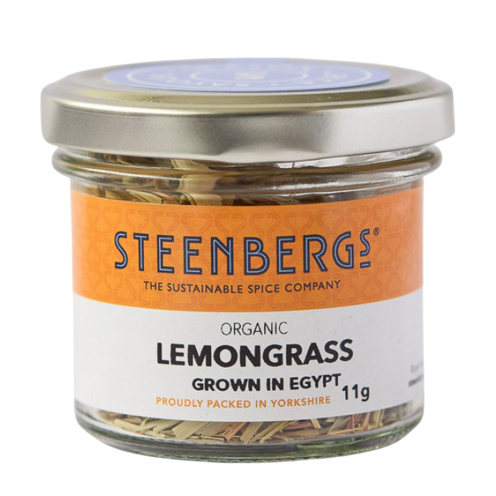 Steenbergs organic lemongrass jar on a white background