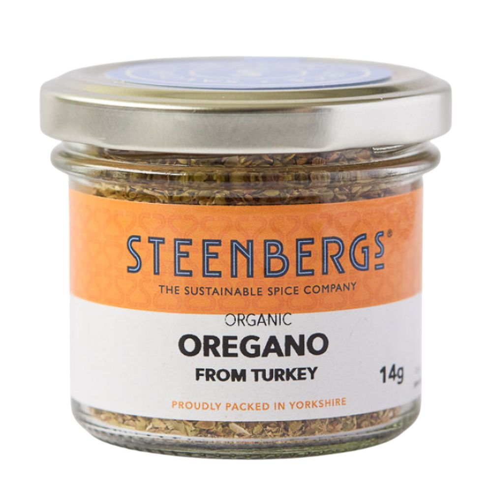 Steenbergs organic oregano jar on a white background