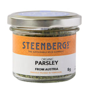 Steenbergs organic parsley jar on a white background