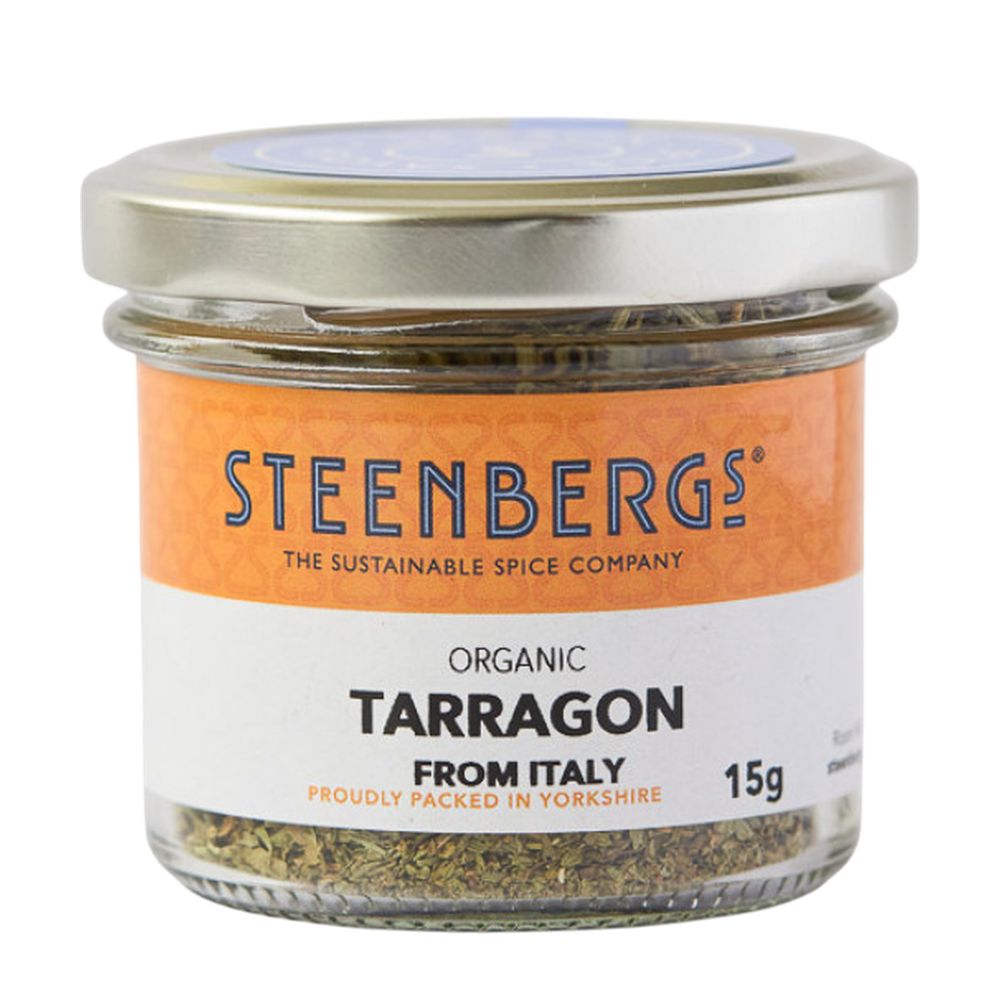 Jar of Steenbergs organic tarragon spice on a white background