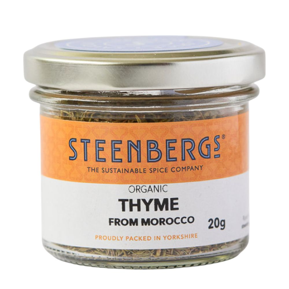 Steenbergs organic thyme from Morocco in a glass jar on a white background
