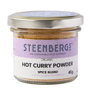 Jar of Steenbergs organic hot curry powder on a white background