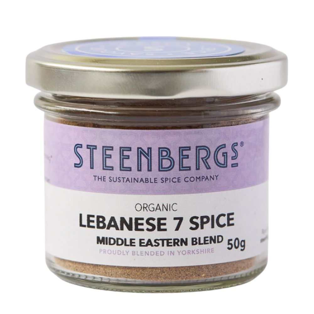 Jar of Steenbergs Lebanese 7 Spice Middle Eastern Blend on a white background