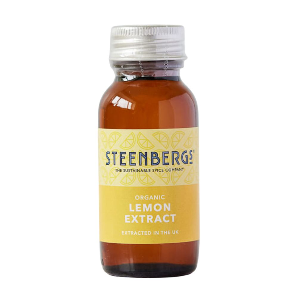 Bottle of Steenbergs organic lemon extract on a white background