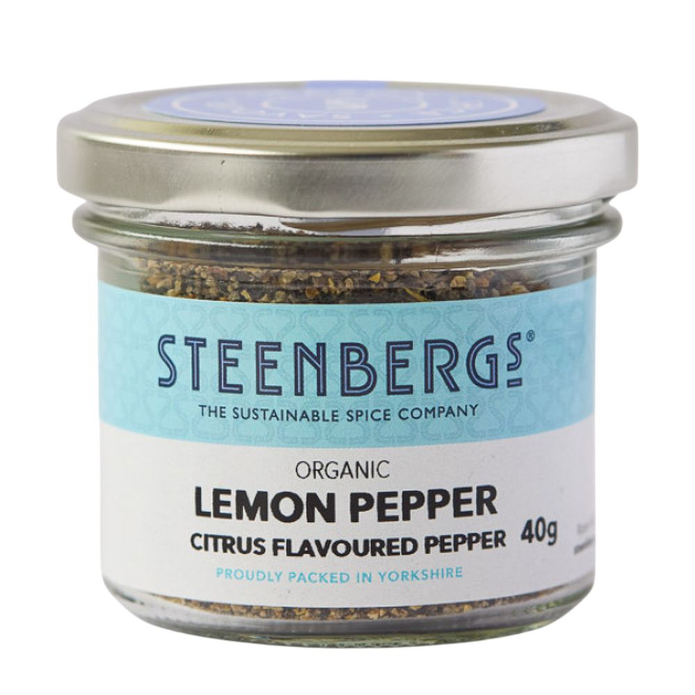Jar of Steenbergs organic lemon pepper on a white background