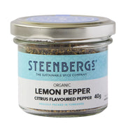 Jar of Steenbergs organic lemon pepper on a white background