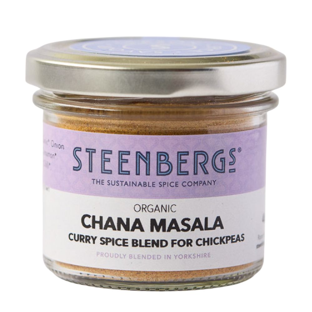 Steenbergs Organic Chana Masala spice blend jar on a white background