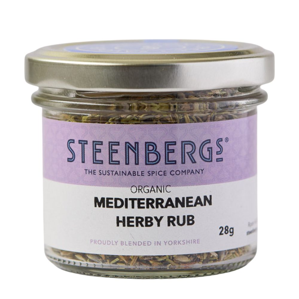 Steenbergs Mediterranean Herby Rub spice jar on a white background