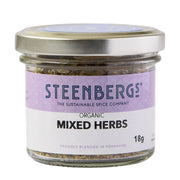 Jar of Steenbergs organic mixed herbs on a white background