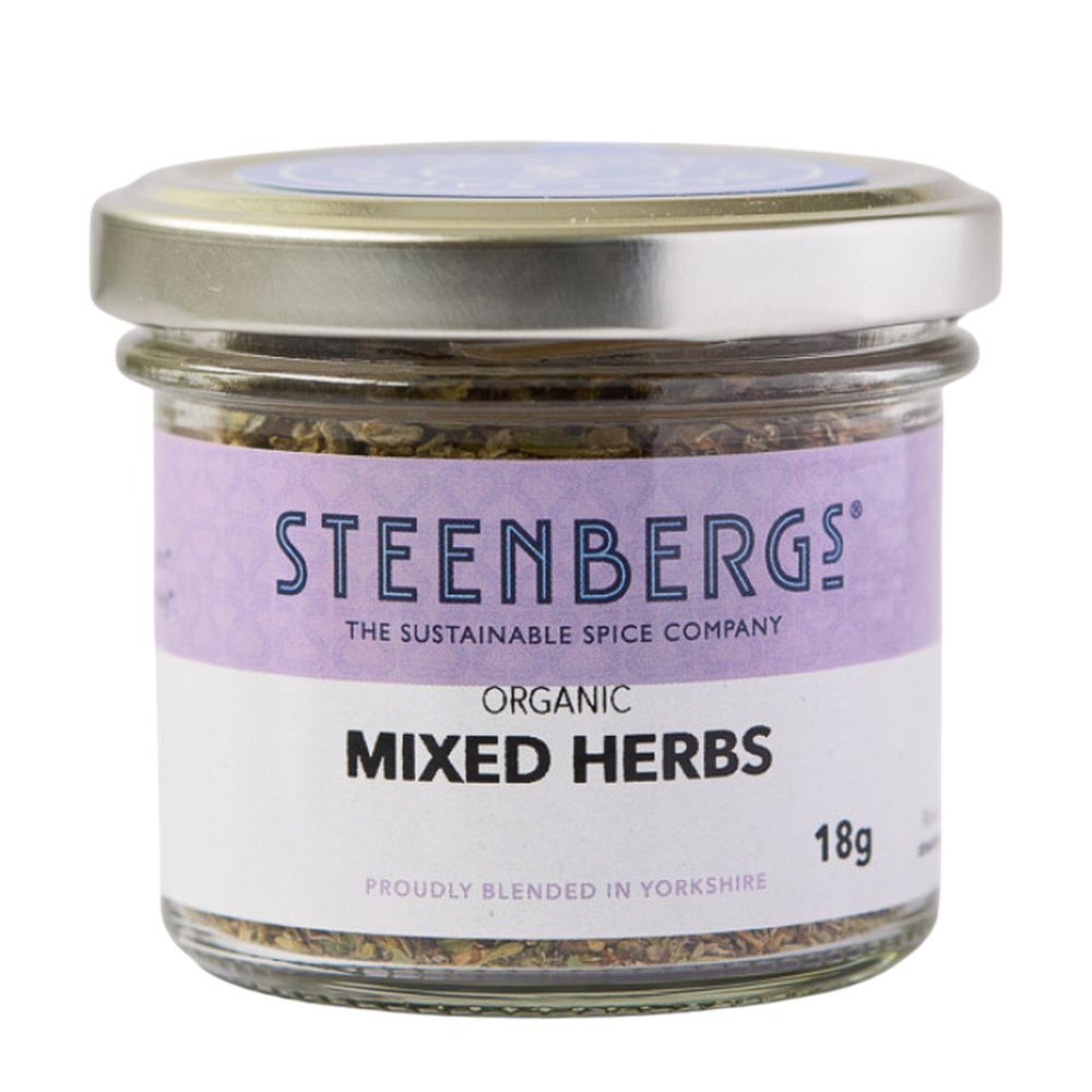 Jar of Steenbergs organic mixed herbs on a white background