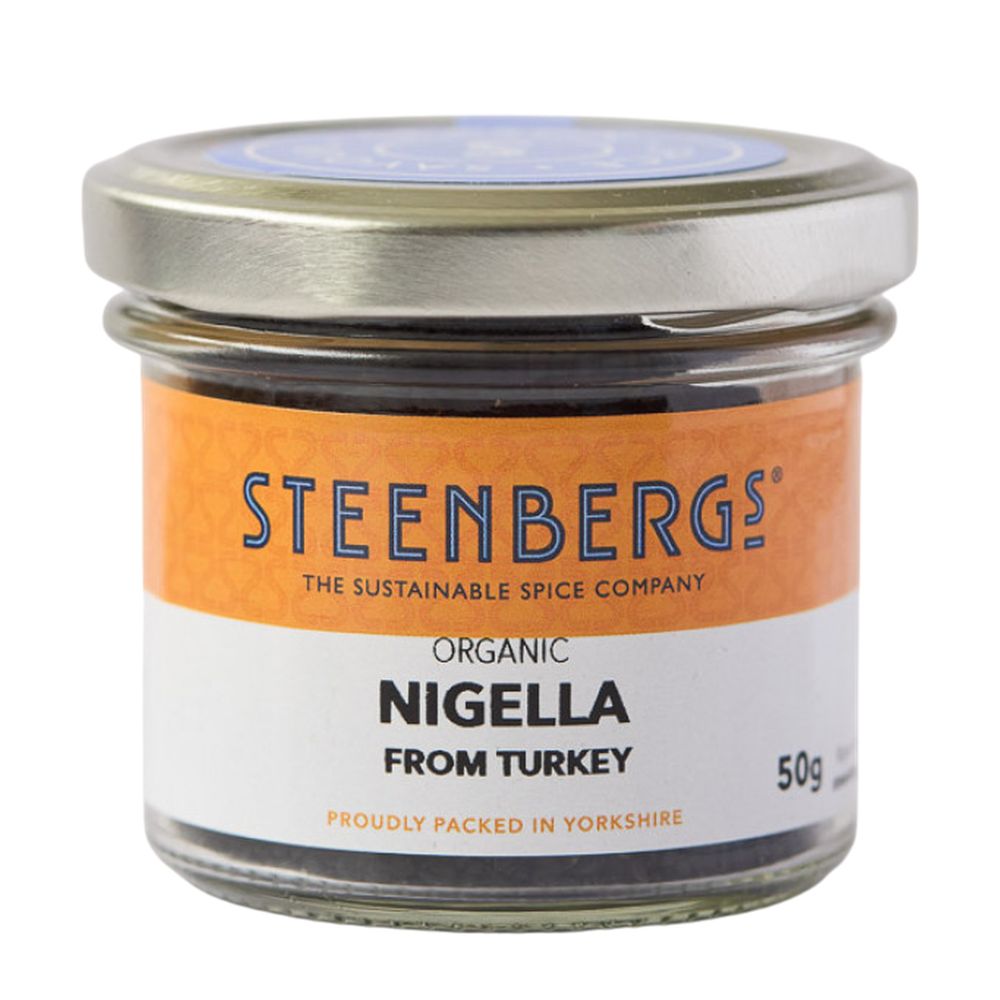 Steenbergs organic nigella from Turkey jar on a white background