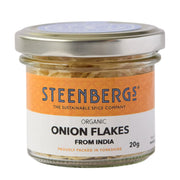 Jar of Steenbergs Organic Onion Flakes on a white background
