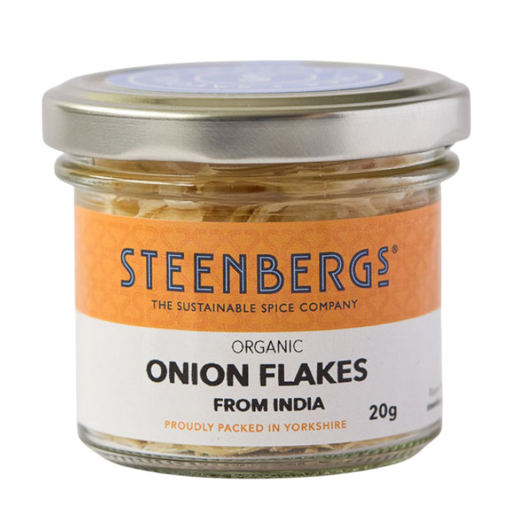 Jar of Steenbergs Organic Onion Flakes on a white background
