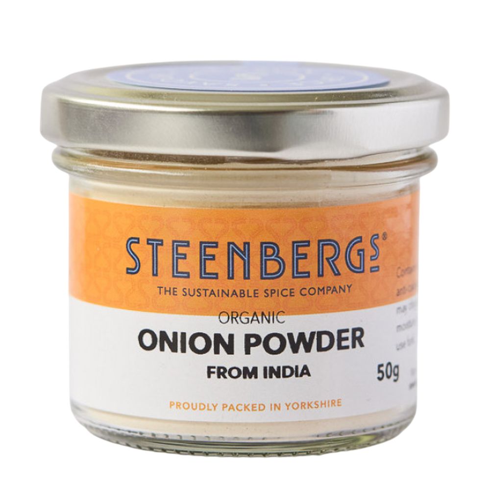 Steenbergs organic onion powder jar on a white background