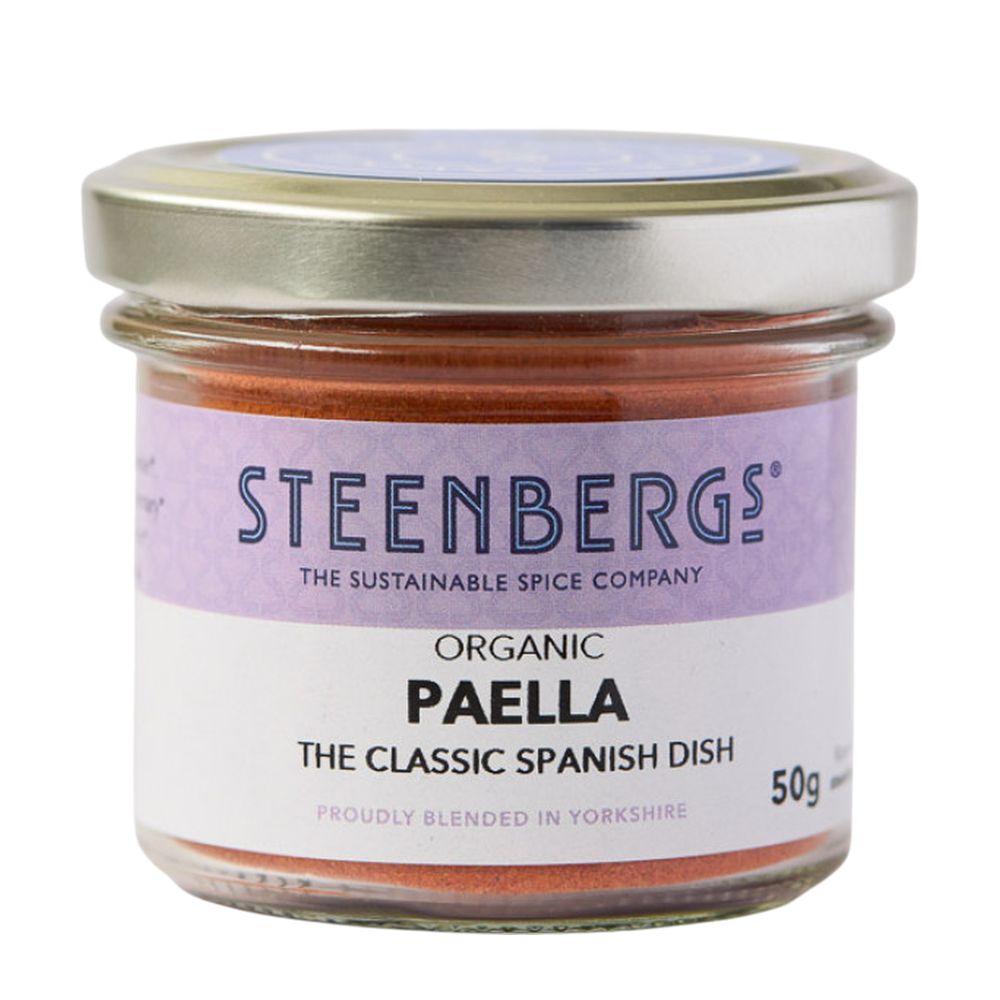 Steenbergs organic paella spice jar on a white background