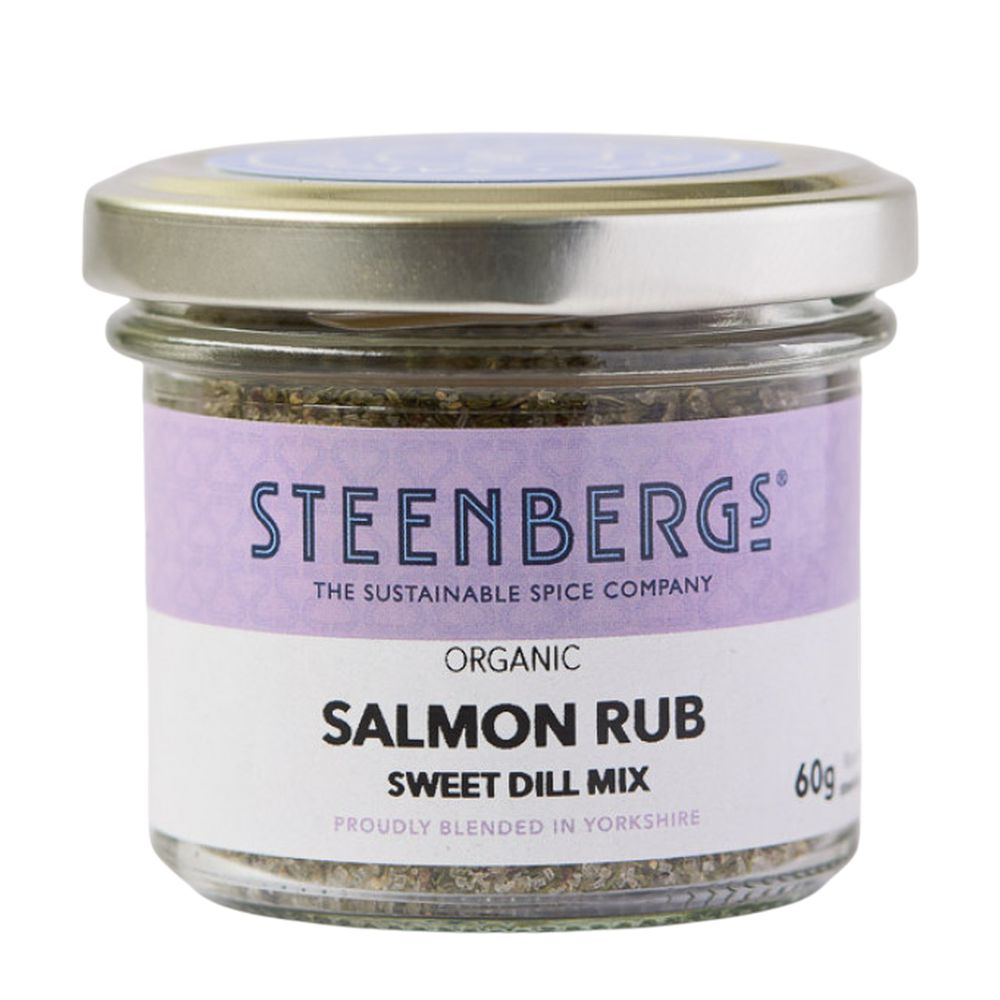 Steenbergs Organic Salmon Rub Sweet Dill Mix jar on a white background