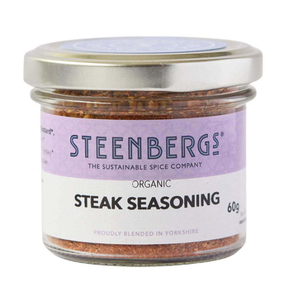 Steenbergs organic steak seasoning jar on a white background