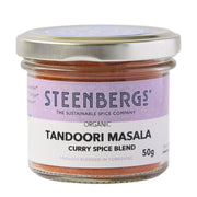 Jar of Steenbergs Tandoori Masala Curry Spice Blend on a white background