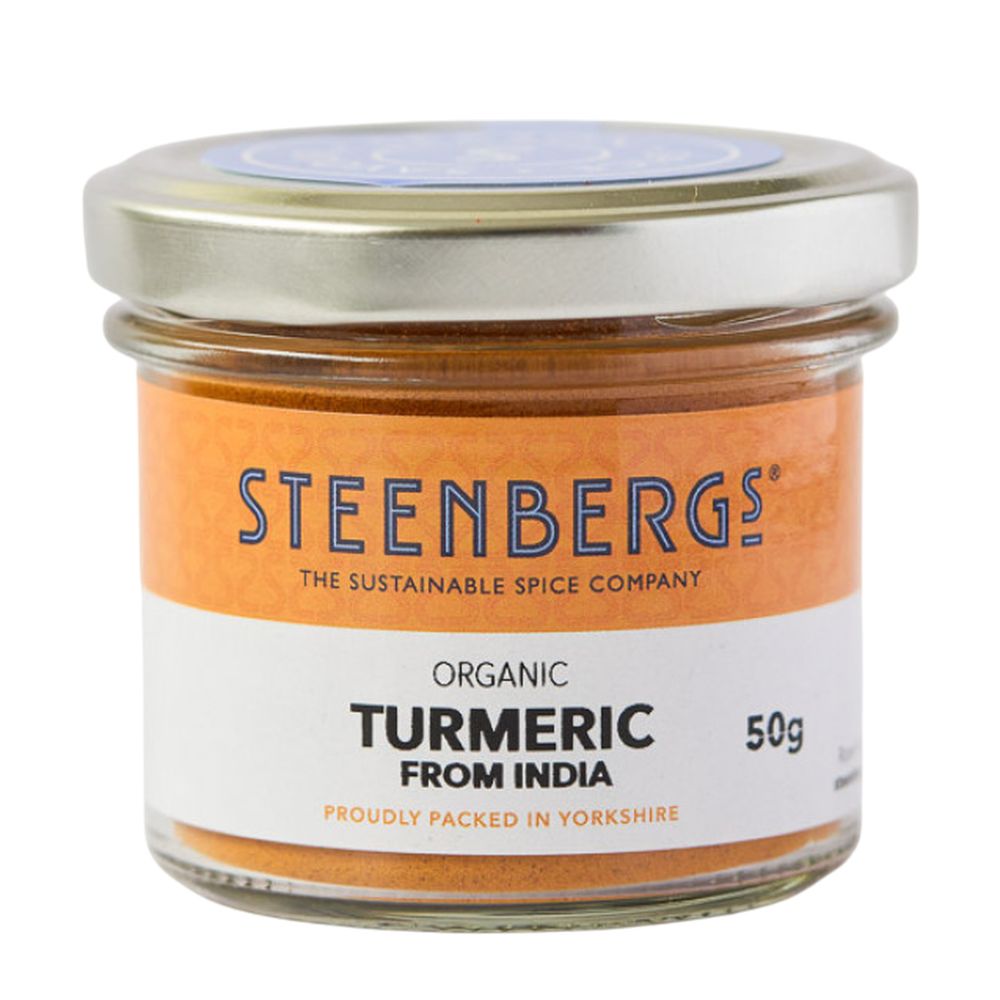 Steenbergs organic turmeric jar on a white background
