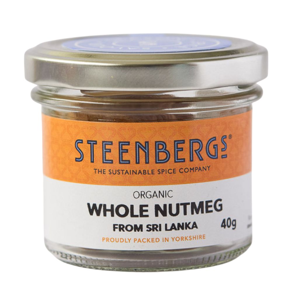 Steenbergs organic whole nutmeg jar on a white background