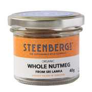 Steenbergs organic whole nutmeg jar on a white background