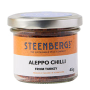 Jar of Steenbergs Aleppo Chilli from Turkey on a white background