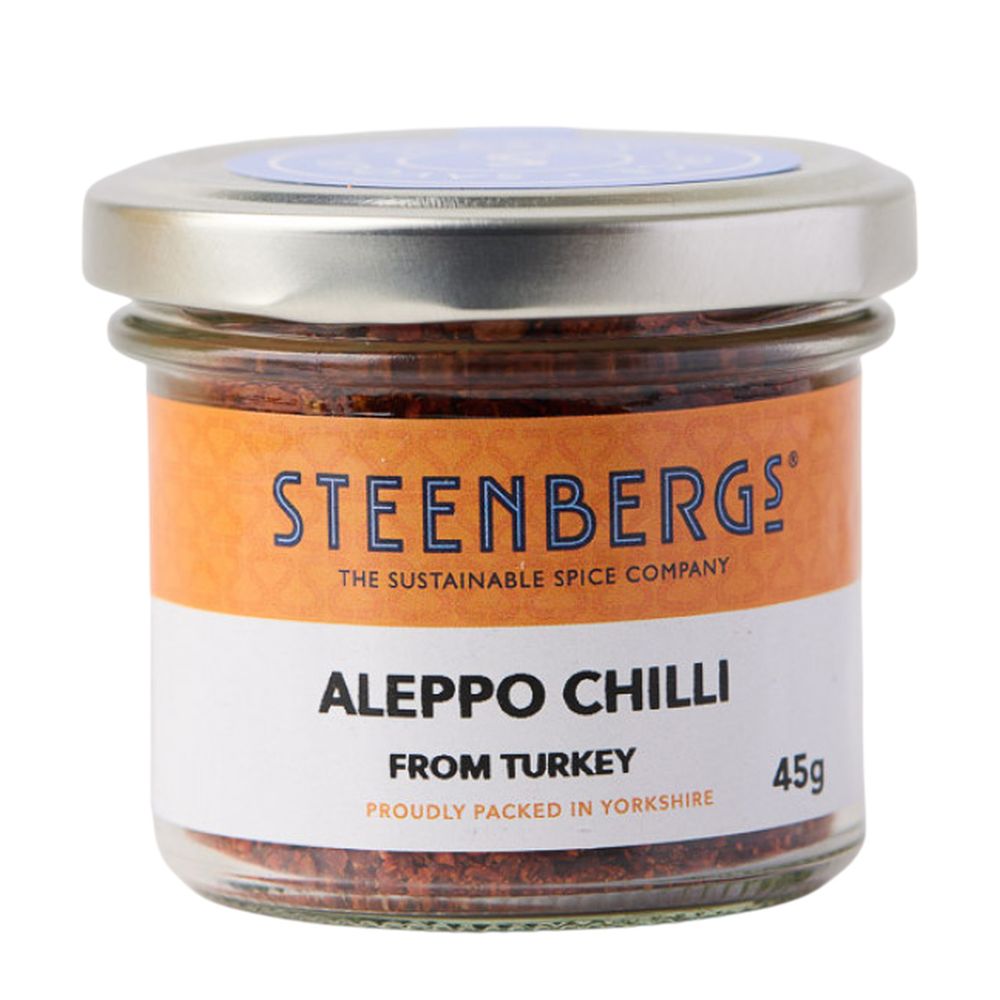 Jar of Steenbergs Aleppo Chilli from Turkey on a white background