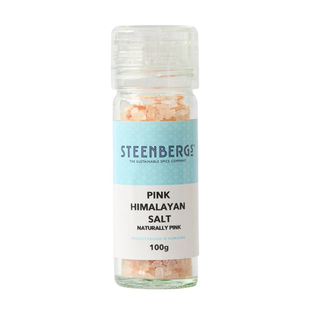 Steenbergs pink Himalayan salt container on a white background