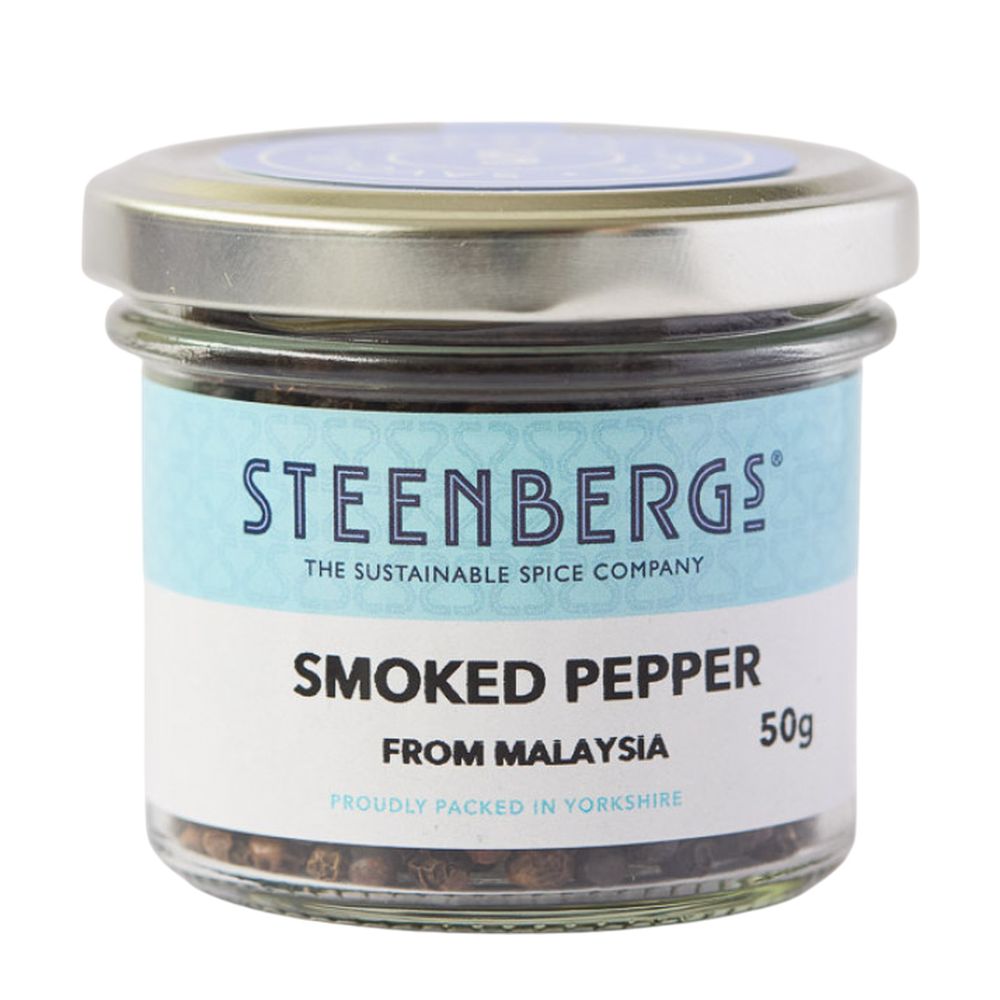 Jar of Steenbergs smoked pepper from Malaysia on a white background