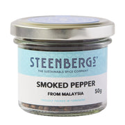Jar of Steenbergs smoked pepper from Malaysia on a white background