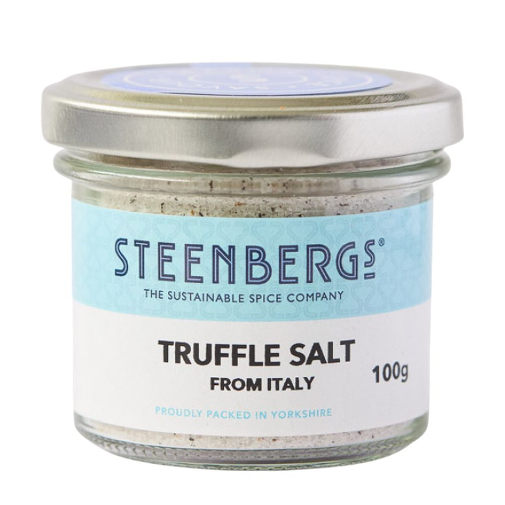 Jar of Steenbergs truffle salt on a white background