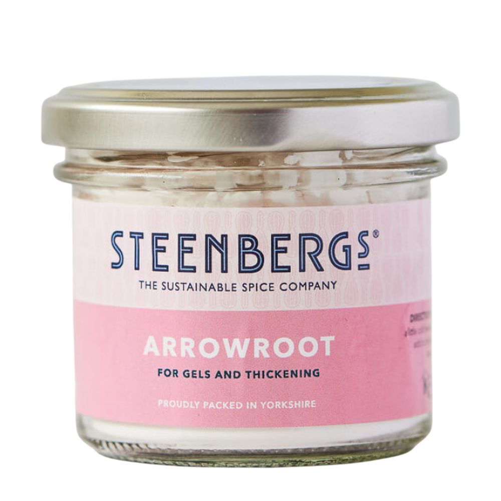 Steenbergs arrowroot powder in a glass jar with a pink label on a white background