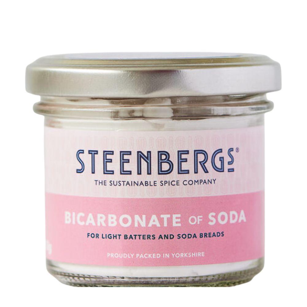 Steenbergs bicarbonate of soda container with pink label on a white background